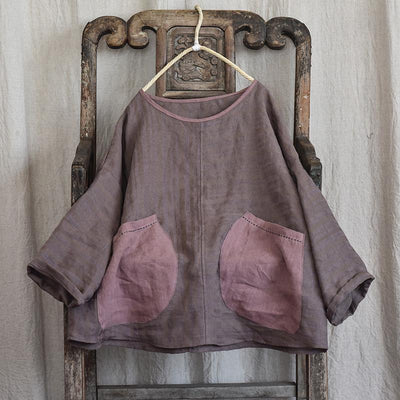 Loose Retro Large Pockets Patchwork Linen Blouse September 2021 new-arrival Coffee 