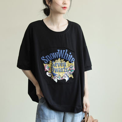 Loose Round Neck Casual Cartoon Printing T-Shirt March-2020-New Arrival One Size Black 