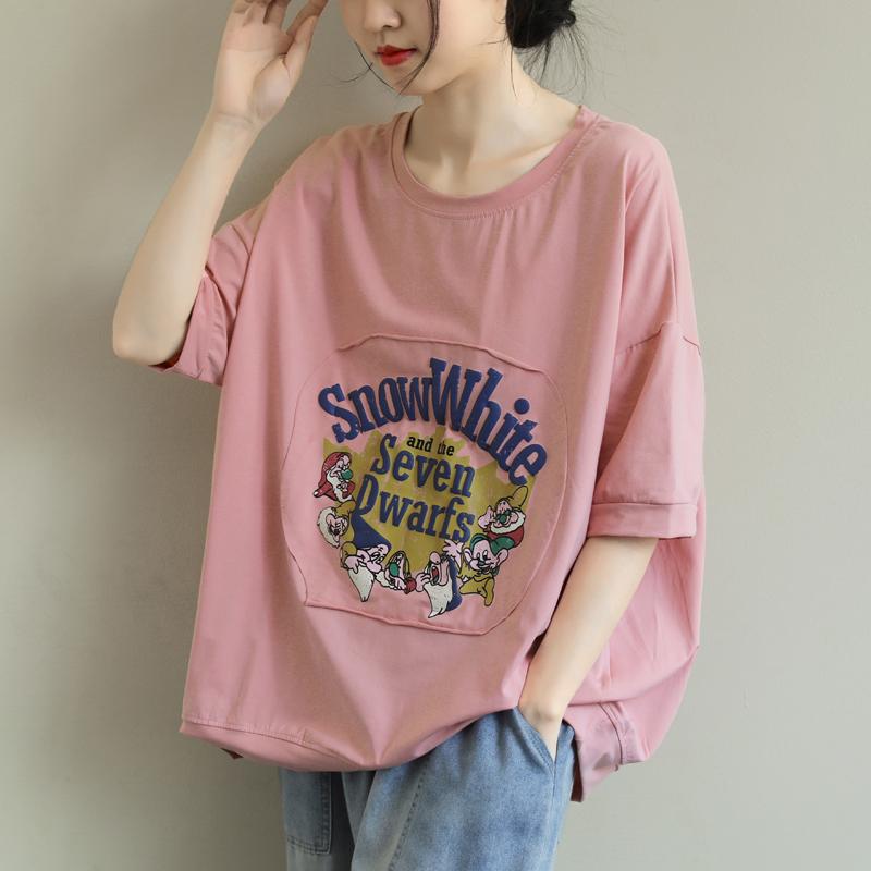 Loose Round Neck Casual Cartoon Printing T-Shirt March-2020-New Arrival One Size Pink 
