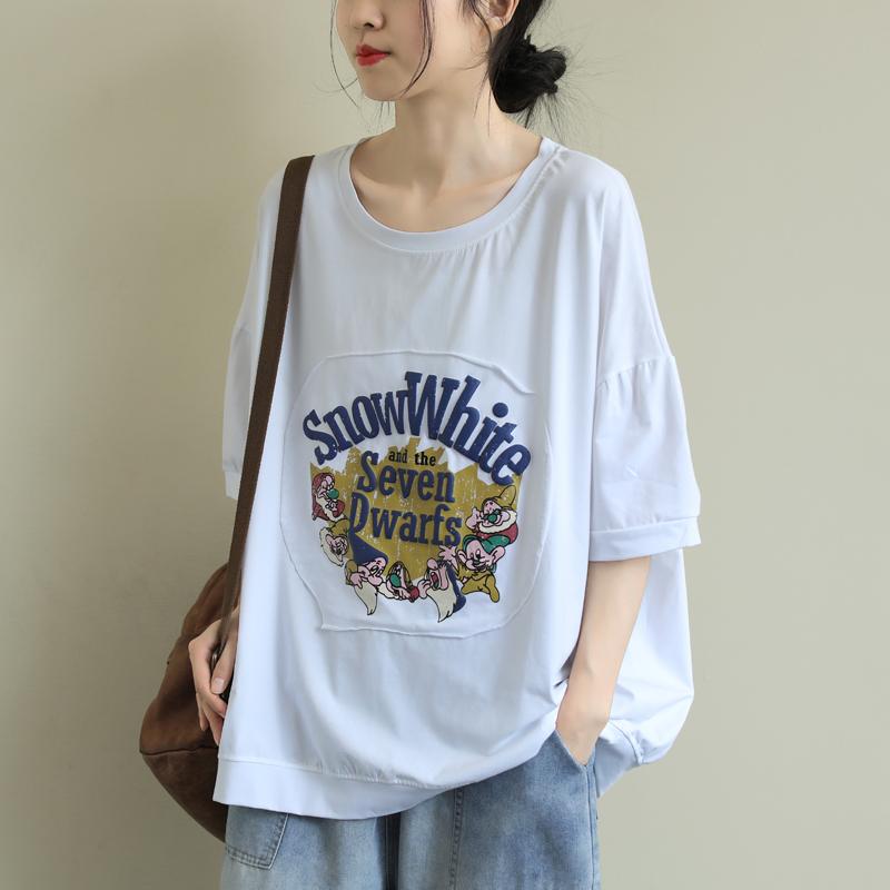 Loose Round Neck Casual Cartoon Printing T-Shirt March-2020-New Arrival One Size White 