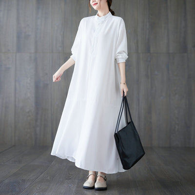 Loose Solid Long Sleeve Cotton Dress