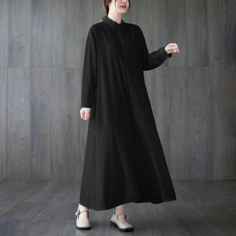 Loose Solid Long Sleeve Cotton Dress Aug 2022 New Arrival One Size Black 