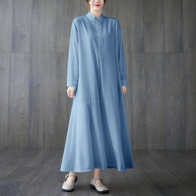 Loose Solid Long Sleeve Cotton Dress Aug 2022 New Arrival One Size Light Blue 