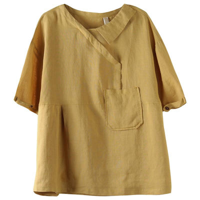 Loose Stitching Patch Pocket 3/4 Sleeve Linen Shirt