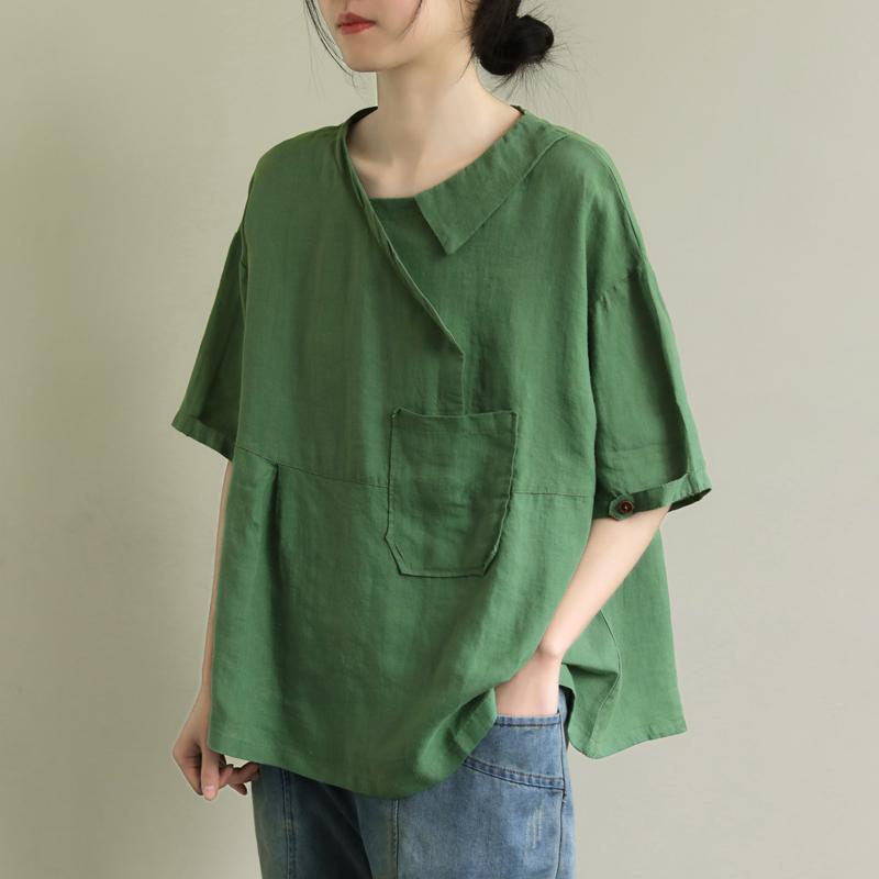 Loose Stitching Patch Pocket 3/4 Sleeve Linen Shirt May 2020-New Arrival One Size Green 