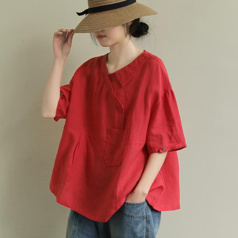 Loose Stitching Patch Pocket 3/4 Sleeve Linen Shirt May 2020-New Arrival One Size Red 