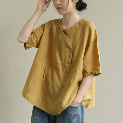 Loose Stitching Patch Pocket 3/4 Sleeve Linen Shirt May 2020-New Arrival One Size Yellow 