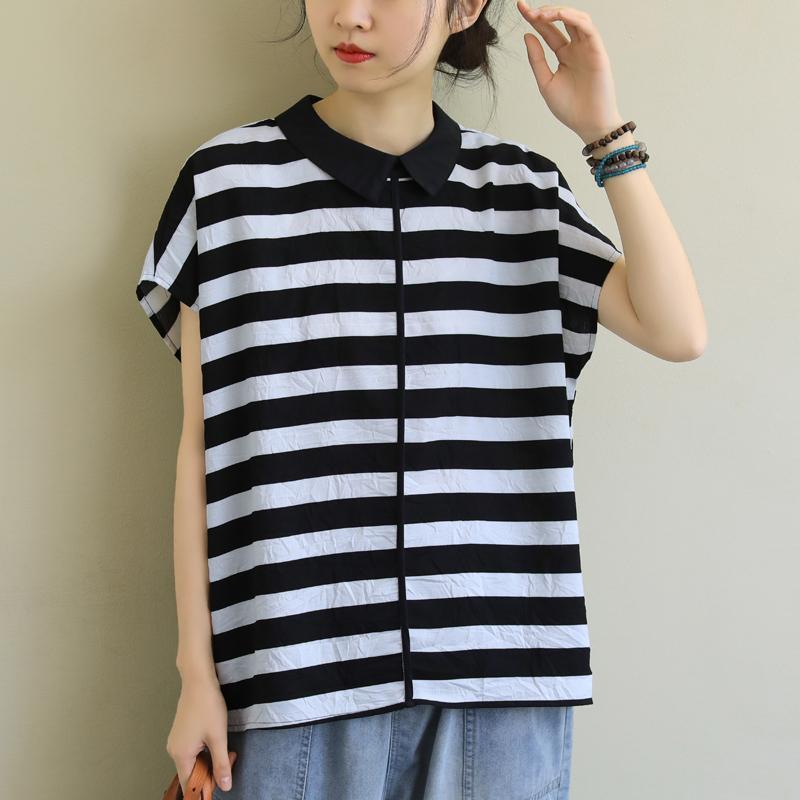 Loose Stitching Striped Casual Cotton Short Sleeve Shirt April 2020-New Arrival One Size Black 