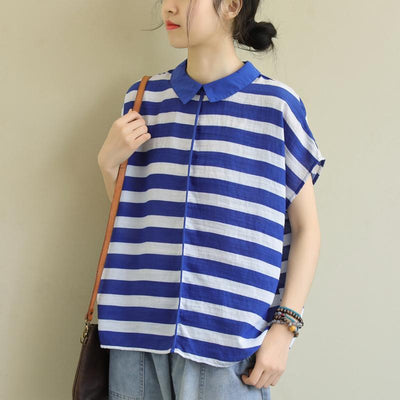 Loose Stitching Striped Casual Cotton Short Sleeve Shirt April 2020-New Arrival One Size Blue 