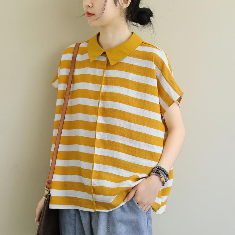 Loose Stitching Striped Casual Cotton Short Sleeve Shirt April 2020-New Arrival One Size Yellow 