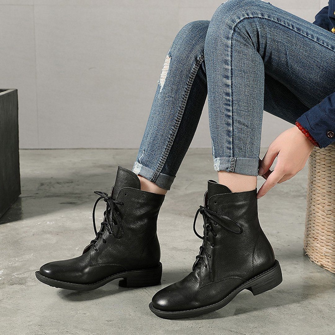 Martin Leather Plush Boots With Lace-Up Details