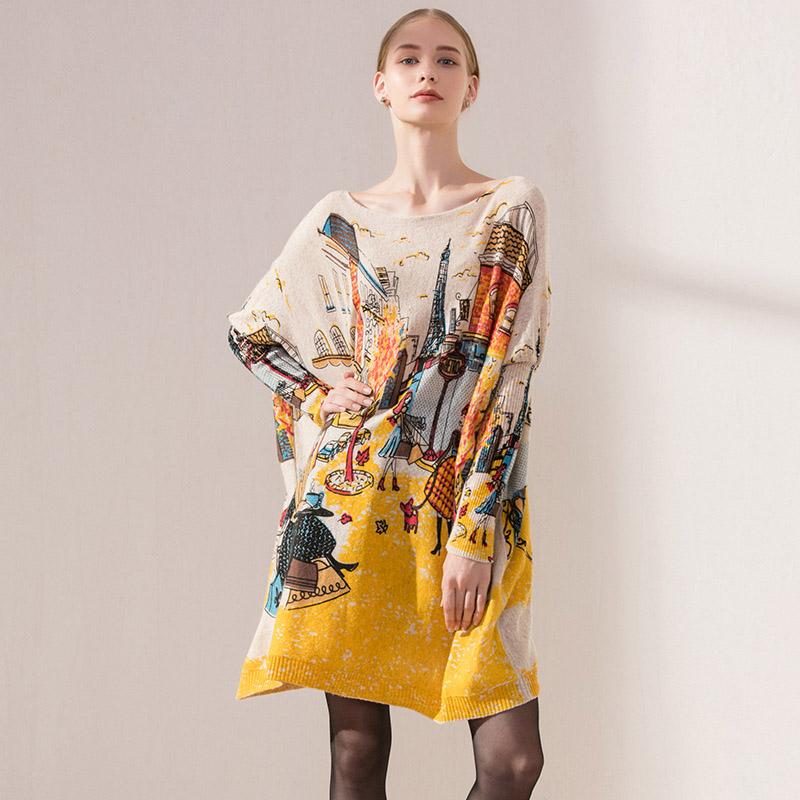 Mid-length Loose Bat-sleeve Printed Sweater Dec 2020-New Arrival One Size Apricot 