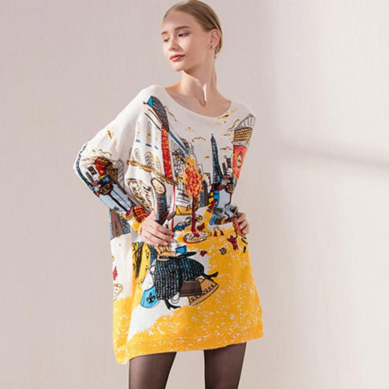 Mid-length Loose Bat-sleeve Printed Sweater Dec 2020-New Arrival One Size Beige 