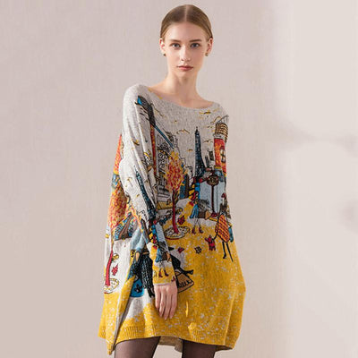 Mid-length Loose Bat-sleeve Printed Sweater Dec 2020-New Arrival One Size Light Gray 