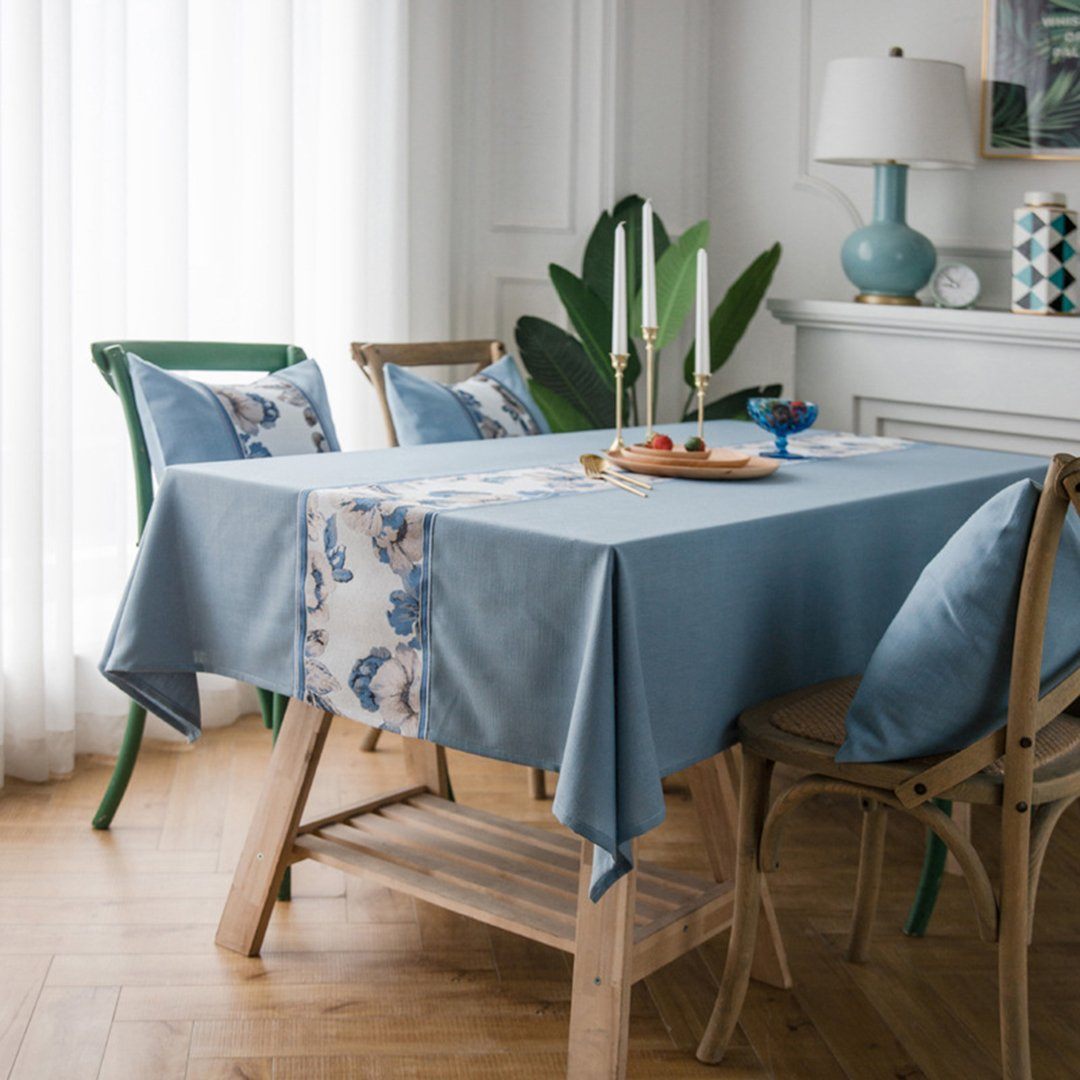 Modern Simple Cotton Linen Dining Table Cloth Rectangular Tea Table Cloth Home Linen 90*90cm Blue & Flower 