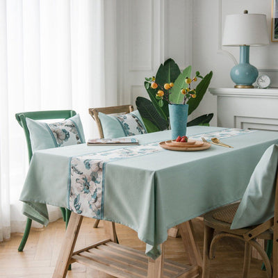 Modern Simple Cotton Linen Dining Table Cloth Rectangular Tea Table Cloth Home Linen 90*90cm Green & Flower 