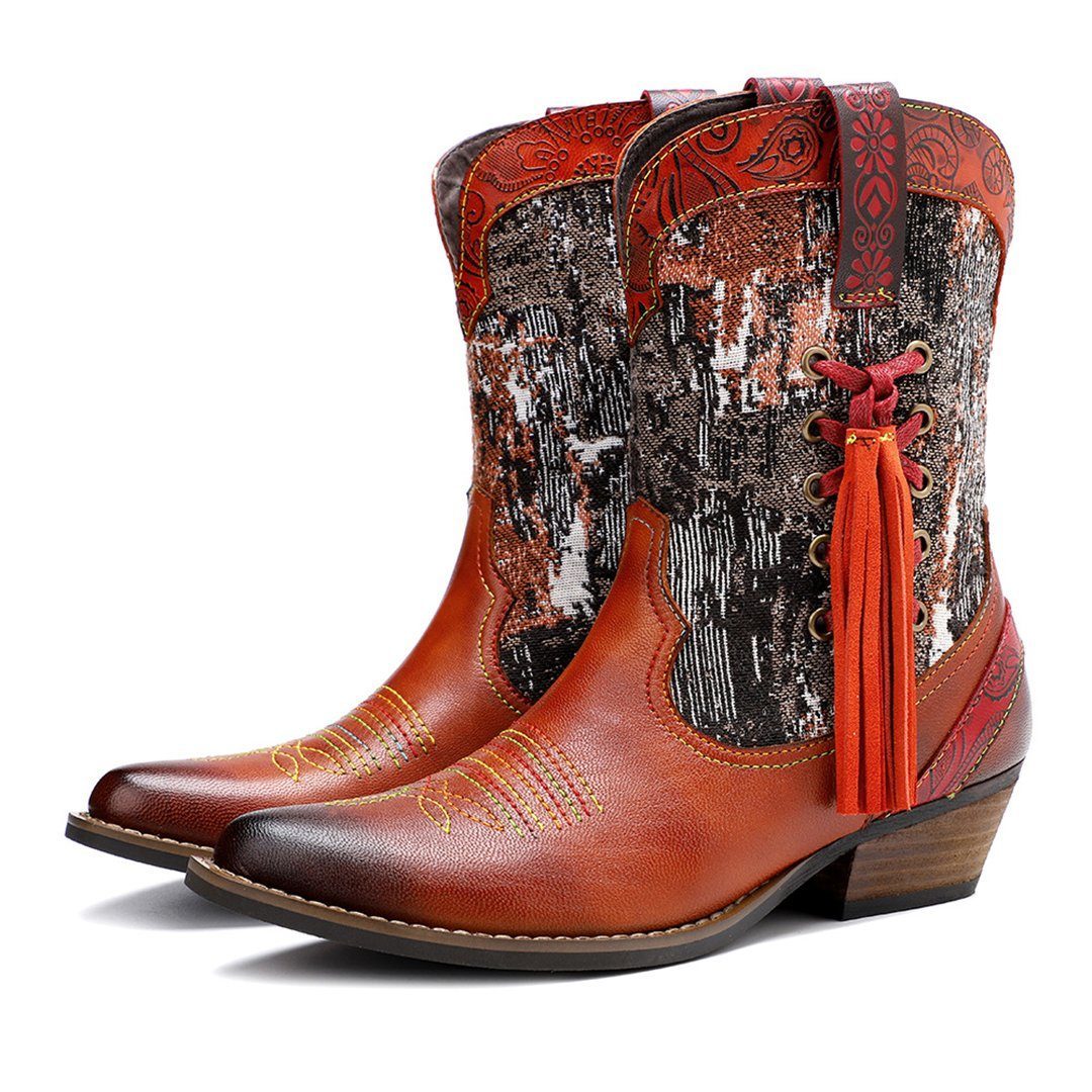 Multi-color Topstitching Leather Cowboy Boots 2019 November New 36 Orange 