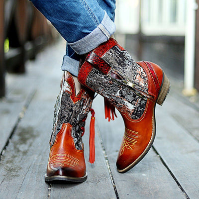 Multi-color Topstitching Leather Cowboy Boots