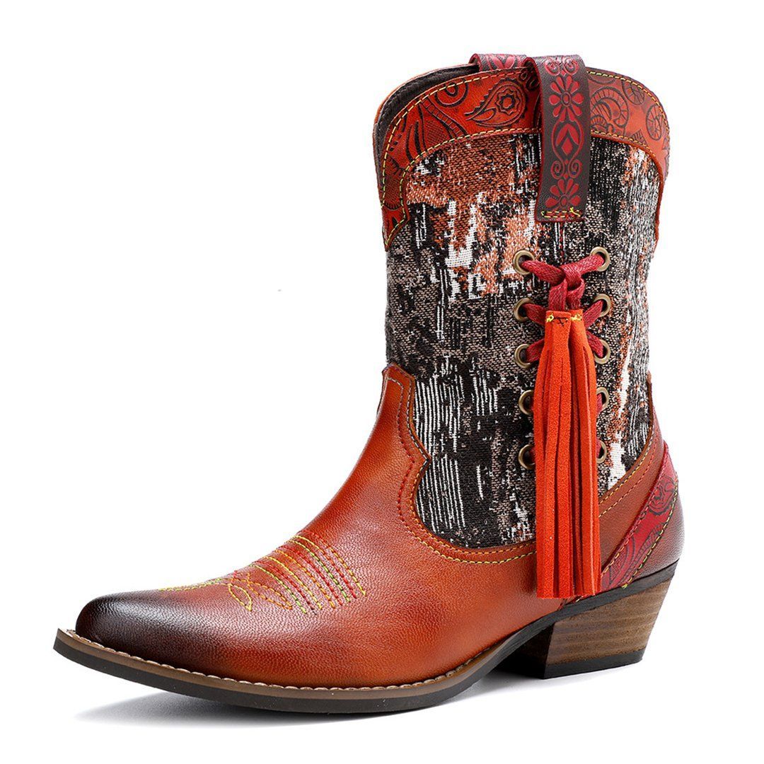 Multi-color Topstitching Leather Cowboy Boots