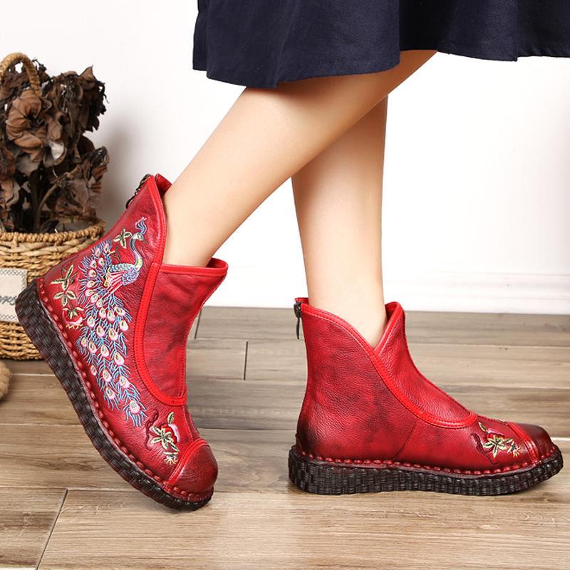 National Style Embroidered Comfortable Flat Boots 2019 April New 35 Red 
