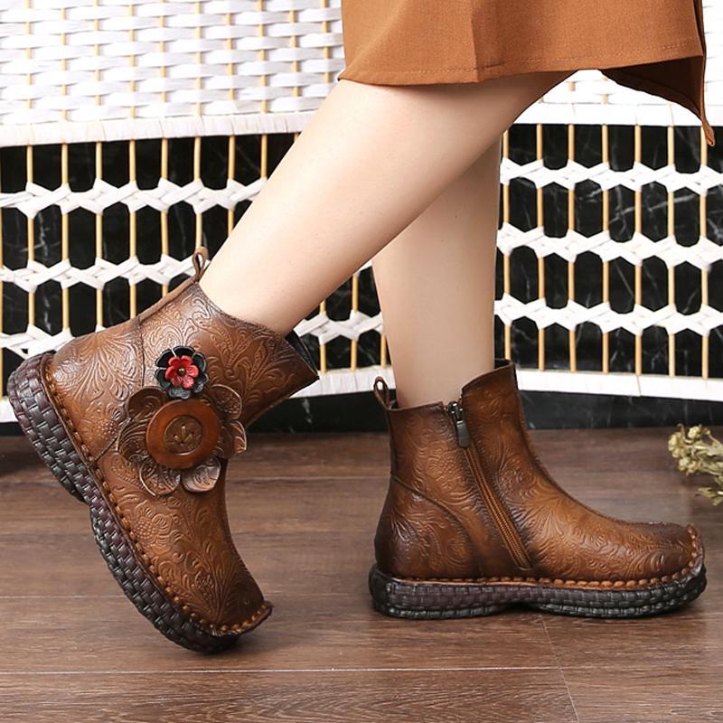 National Style Floral Comfortable Flat Boots 2019 April New 35 Brown 