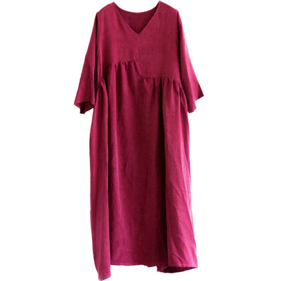 Natural Silk V-Neck Ruched Dress - Wine Red
