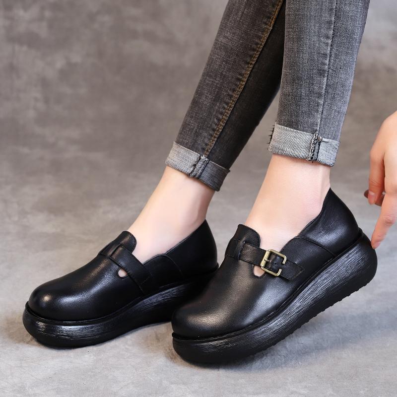 New Casual Leather Handmade Buckle Women's Shoes 35-41 2019 May New 34 Black 