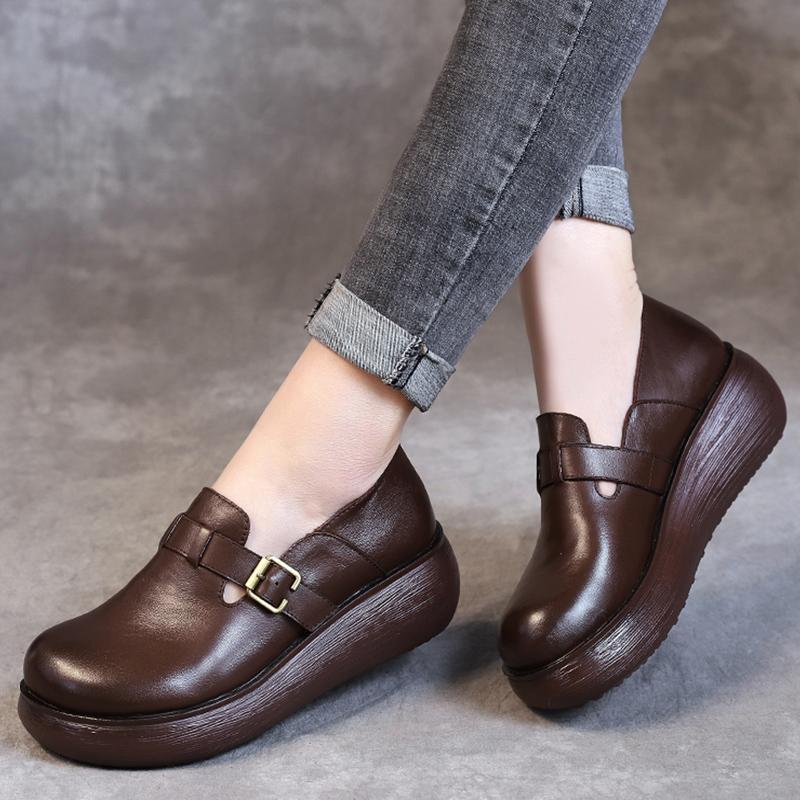 New Casual Leather Handmade Buckle Women's Shoes 35-41 2019 May New 34 Brown 