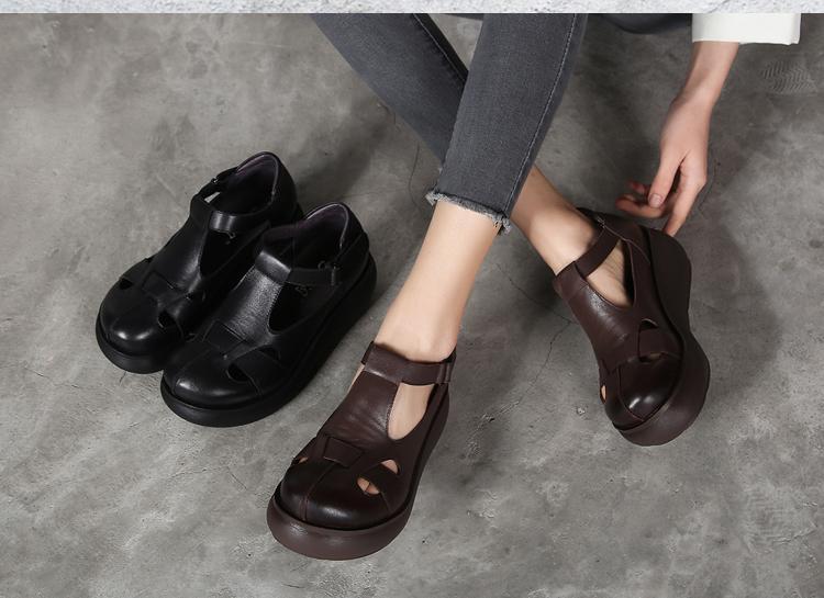 New Retro Leather Handmade Wedge Roman Women's Shoes 2019 May New 
