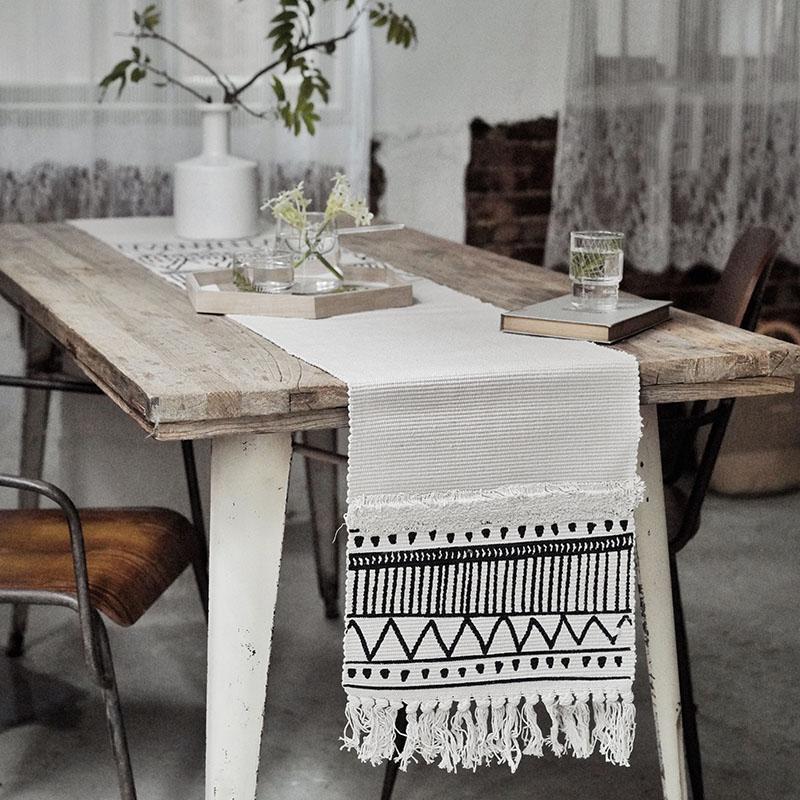 Nordic Moroccan Geometric Tassel Tufted Table Tablecloth Home Linen 35cm*220cm As the picture 