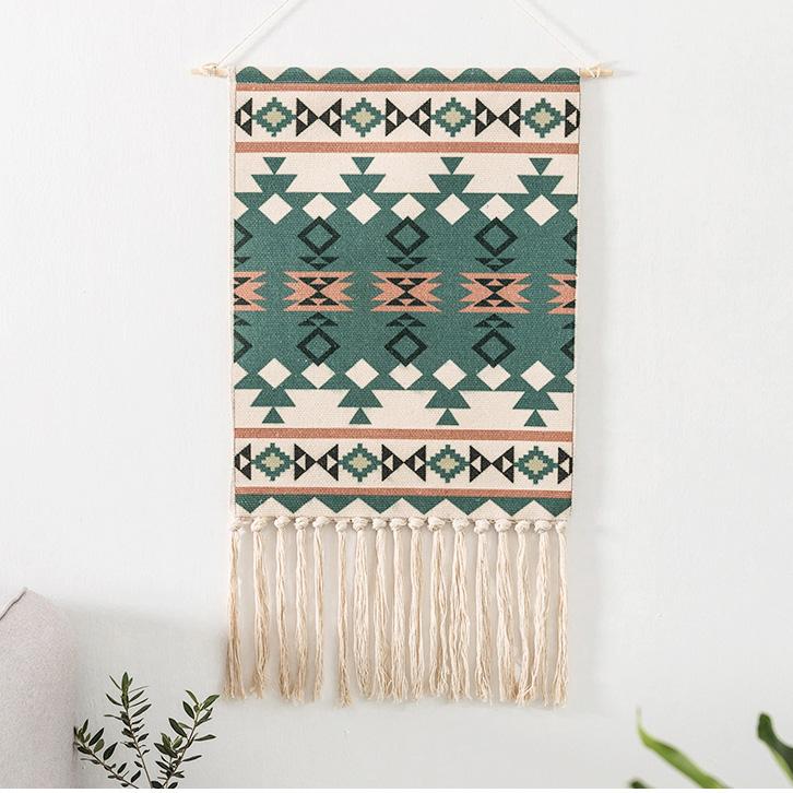 Nordic Tapestry Tassels Handmade Woven Background Wall Hanging Decoration Home Linen 70cm*50cm Green 