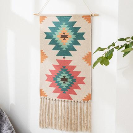 Nordic Tapestry Tassels Handmade Woven Background Wall Hanging Decoration Home Linen 70cm*50cm Green+Red 