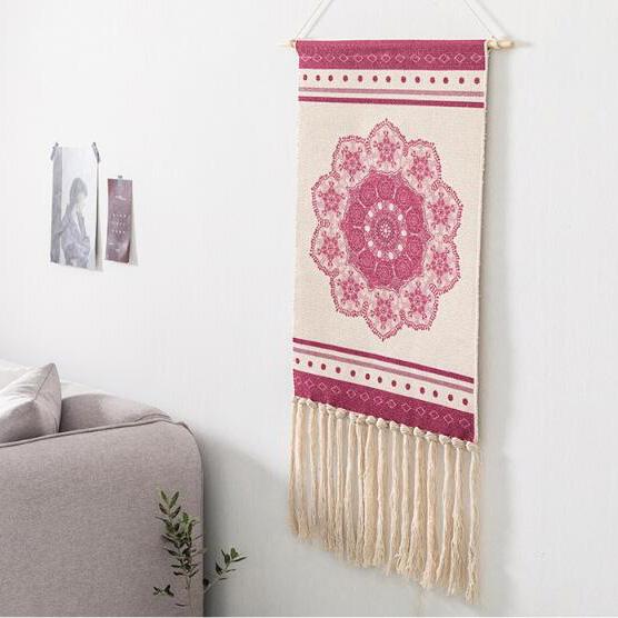 Nordic Tapestry Tassels Handmade Woven Background Wall Hanging Decoration Home Linen 70cm*50cm Red 