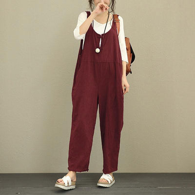 Oversized Loose Casual Cotton Jumpsuit Jan 2021-New Arrival S Wine-red 