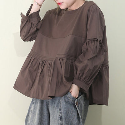 Paneled Loose Fit Ruched Balloon Sleeve T-shirt March-2020-New Arrival M Cofee 