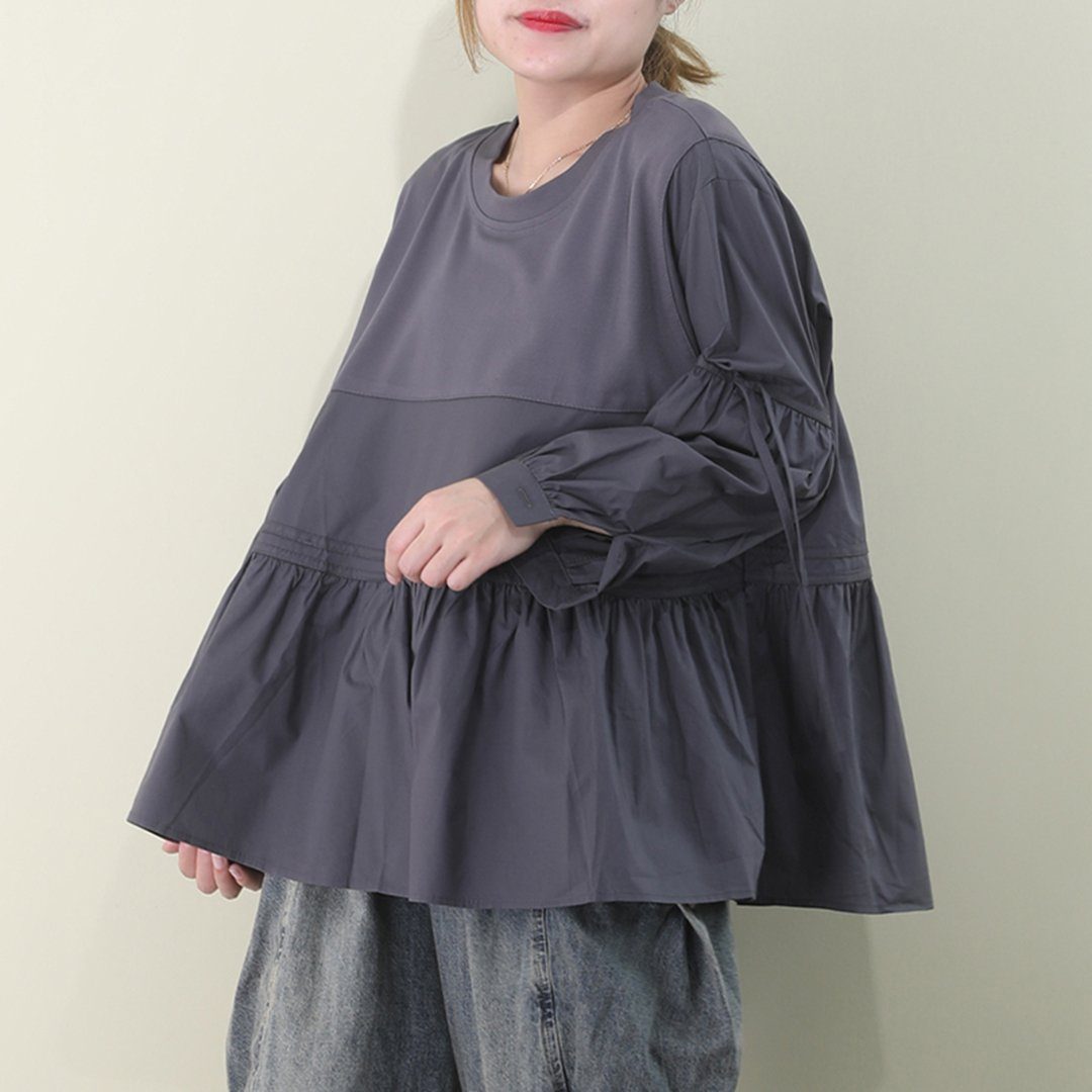 Paneled Loose Fit Ruched Balloon Sleeve T-shirt March-2020-New Arrival M Gray 