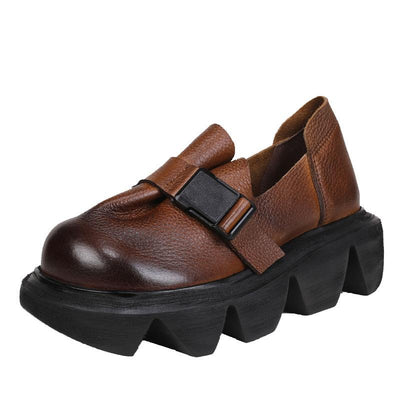 Platform Retro Leather Shoes With Belt Buckle