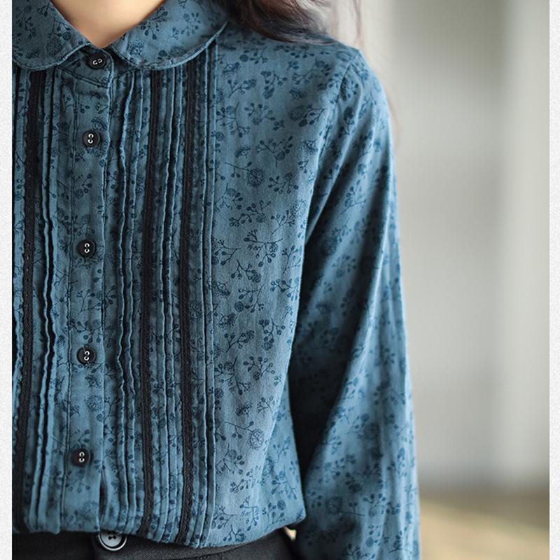 Pleated Double-layer Retro Cotton Linen Floral Shirt