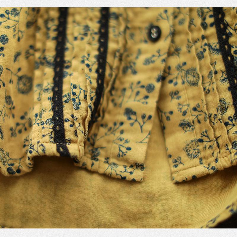 Pleated Double-layer Retro Cotton Linen Floral Shirt