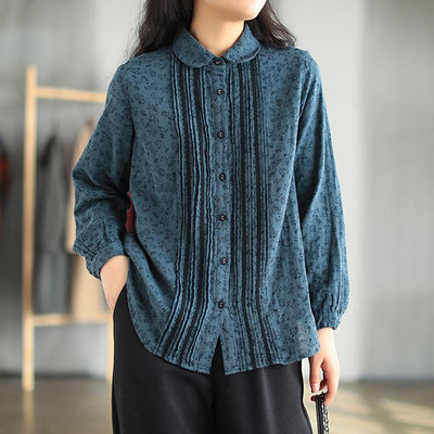 Pleated Double-layer Retro Cotton Linen Floral Shirt Jan 2021-New Arrival One Size Blue 