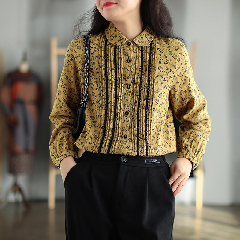 Pleated Double-layer Retro Cotton Linen Floral Shirt Jan 2021-New Arrival One Size Yellow 