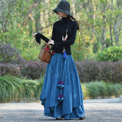 Pleated Irregular Design Swing Solid Skirt 2019 New December Blue 