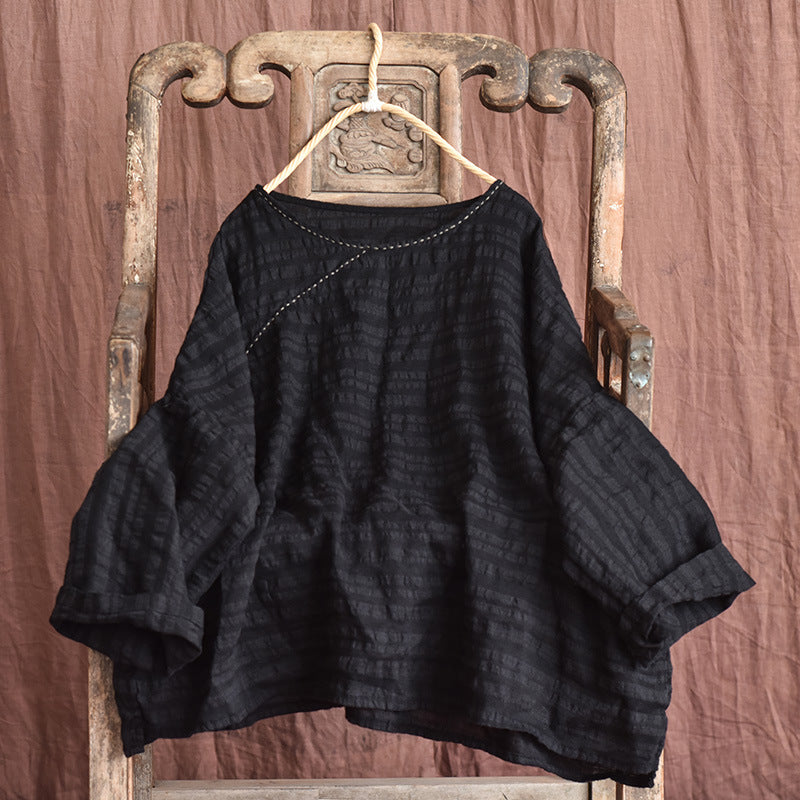 Plus Size Autumn Retro Linen Stripe Sweater Aug 2022 New Arrival Black One Size 