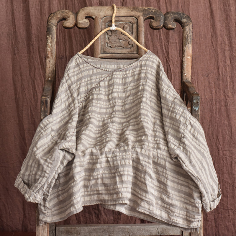 Plus Size Autumn Retro Linen Stripe Sweater Aug 2022 New Arrival Linen One Size 