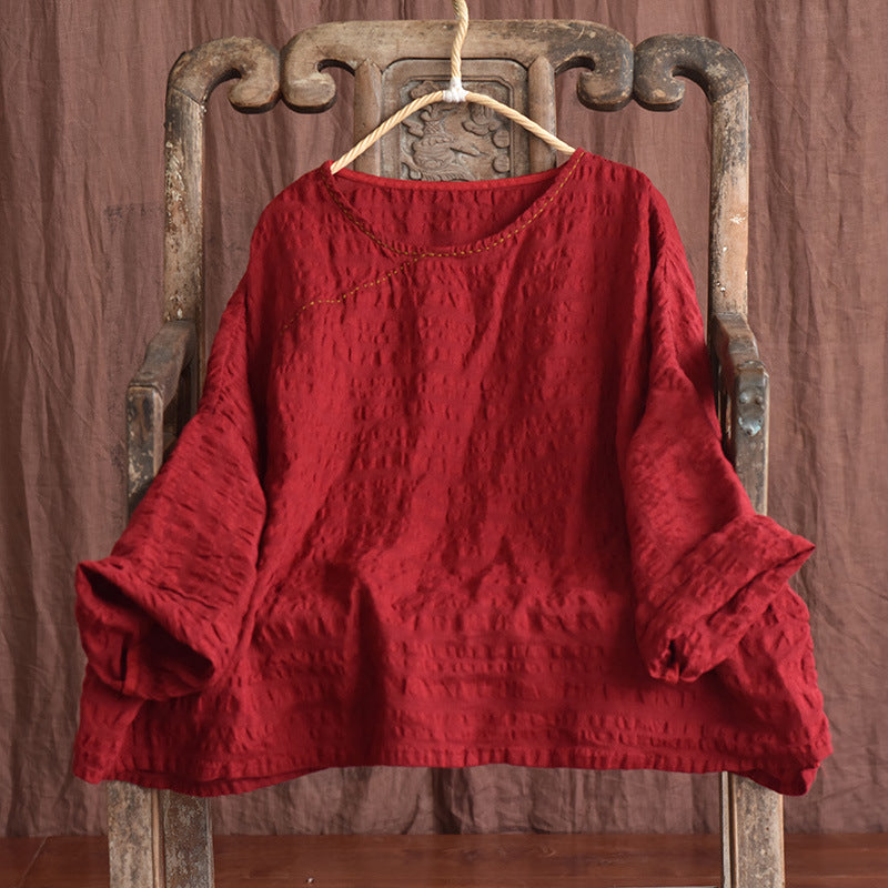 Plus Size Autumn Retro Linen Stripe Sweater Aug 2022 New Arrival Red One Size 