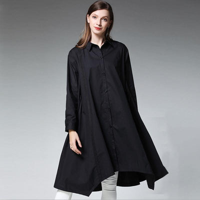 Plus Size Drawstring Pockets Solid Color Shirt Long Sleeve Dress 2019 April New XL Black 