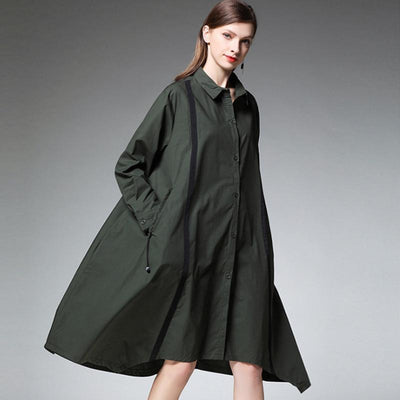 Plus Size Drawstring Pockets Solid Color Shirt Long Sleeve Dress 2019 April New XL Olive Green 