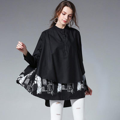 Plus Size Fashion Printing Stand Collar Shirt 2019 March New XL Black 