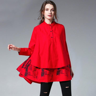 Plus Size Fashion Printing Stand Collar Shirt 2019 March New XL Red 
