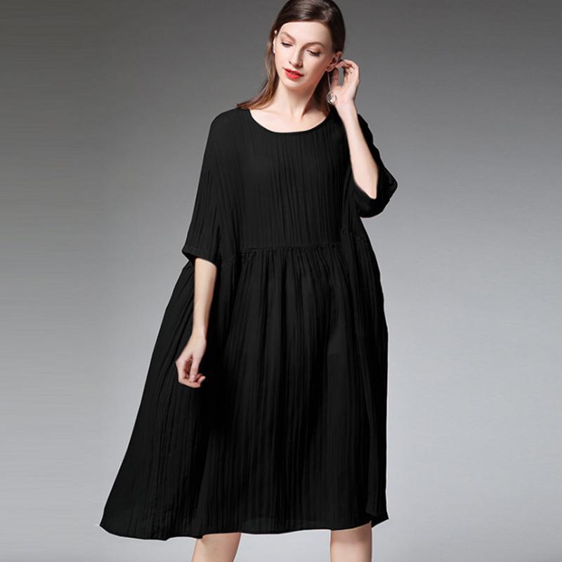 Plus Size Female Pleated Solid Color Midi Dress 2019 March New 